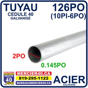 ACIER TUYAU NEUF - 2PO X 0,154PO X 126PO CED40 GALVANISE